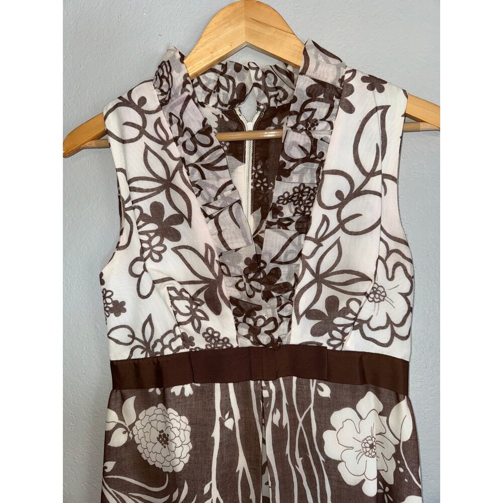 Vintage 60s Mod Floral Maxi Dress Small Linen Sleeveless Brown Flower Power